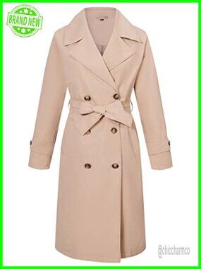 Women Double-Breasted Water Resistant Trench Coat Belted Knee Length